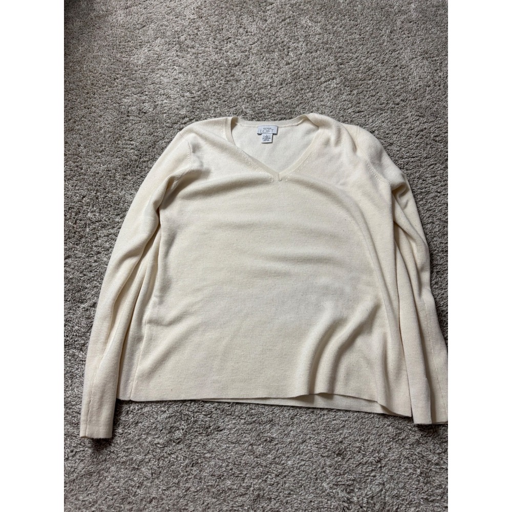 Ann Taylor LOFT Cream Merino Wool Cashmere V-Neck Sweater Large 113092